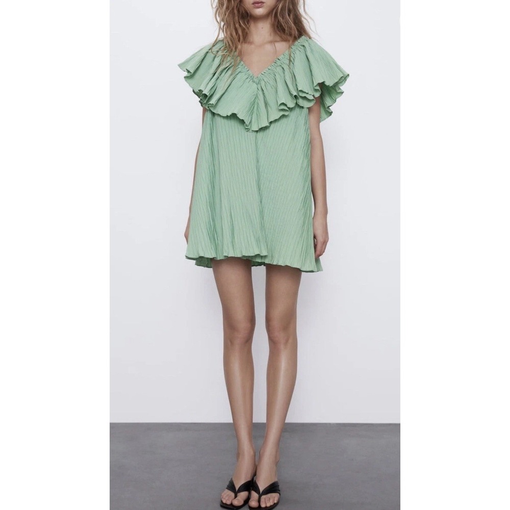 BNWT ZARA Green Pleated Voluminous Ruffle Short Mini‎ Dress Size LARGE